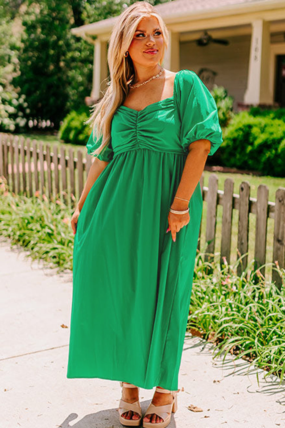 Bright Green Ruched Front Puff Sleeve Plus Size Long Dress BB Fashion Outlet