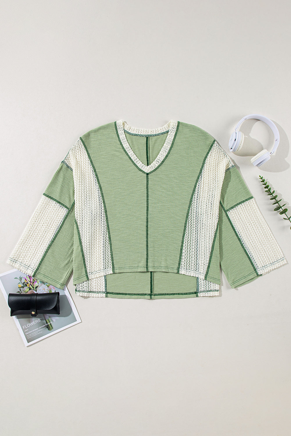 Crochet Detail Exposed Seam High Low Loose Top – Beige & Green