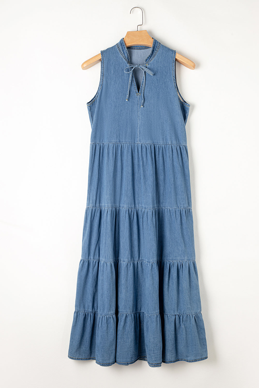 Real Teal Sleeveless Tiered Chambray Maxi Dress BB Fashion Outlet