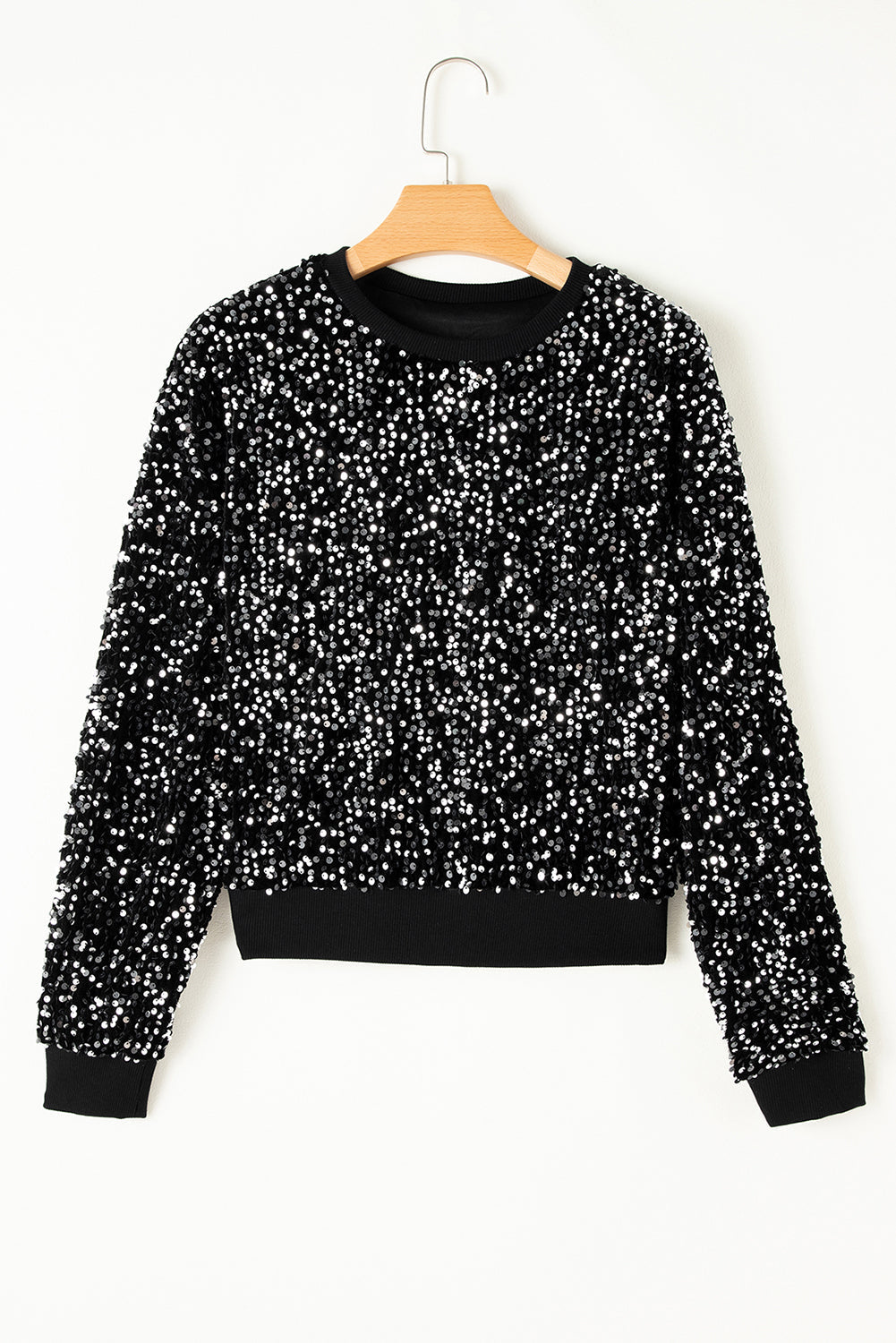 Black Sequinned Long Sleeve Crew Neck Cropped Blouse - eAura