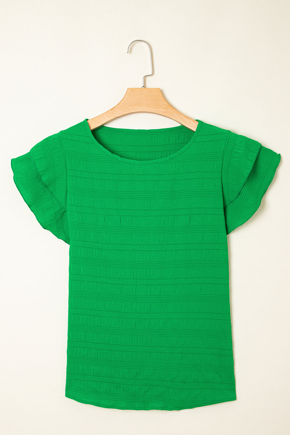 Dark Green Textured Ruffled Sleeve Round Neck Top eAura