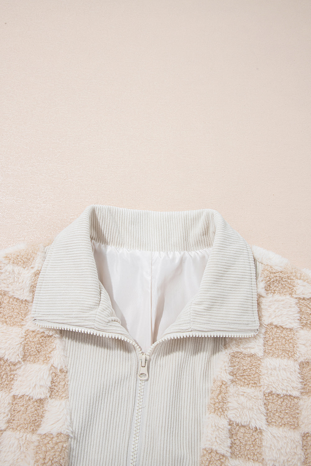 Checker Sherpa Corduroy Patchwork Zip up Collared Jacket eAura