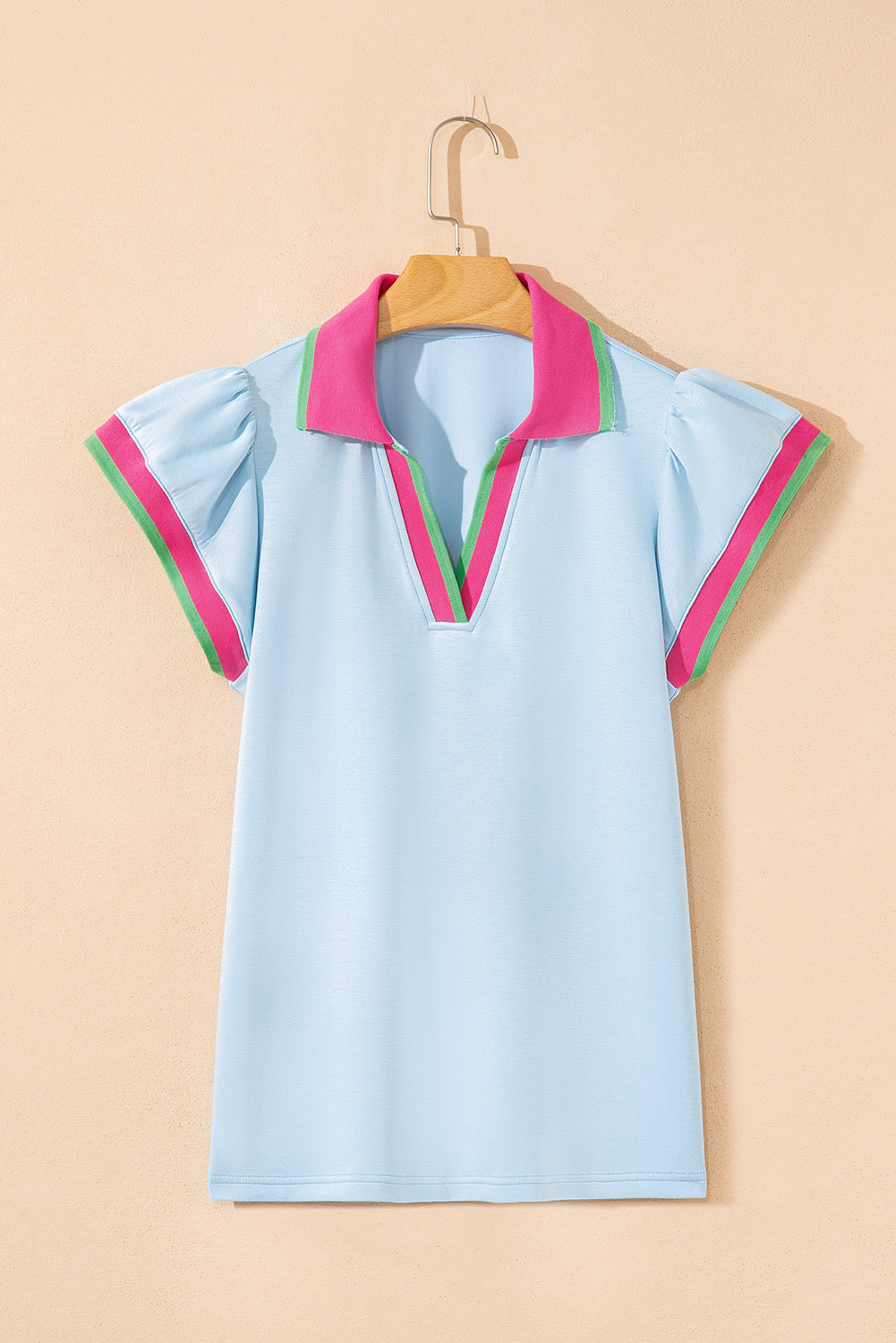 Contrast Ruffled Sleeve Collared V-Neck Blouse eAura