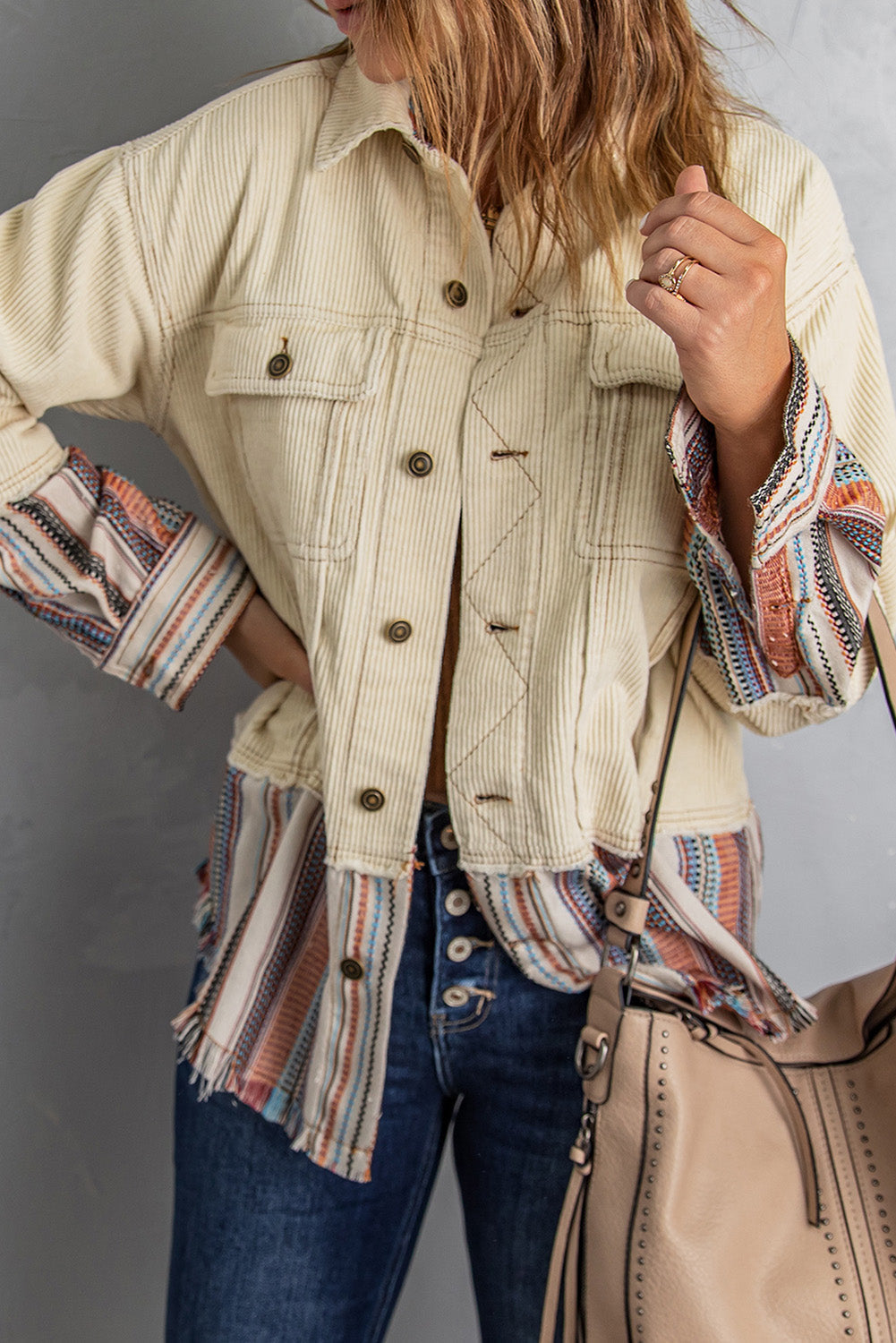Button Up Pockets Striped Colour Block Corduroy Jacket eAura