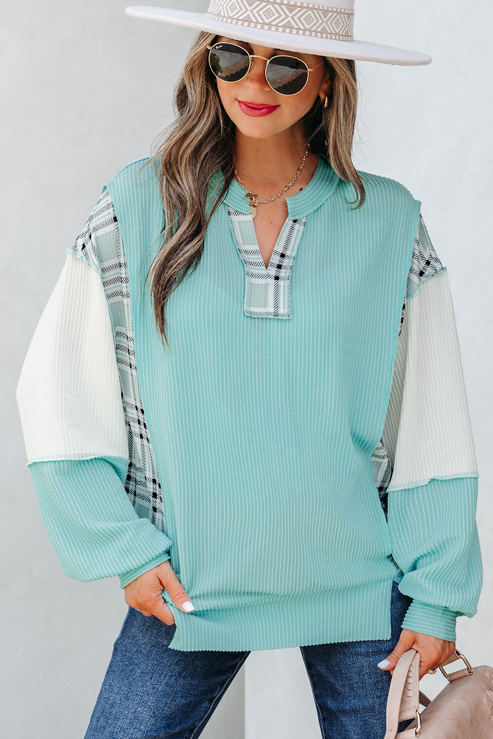 Soft Corded Texture Patchwork Split Neck Long Sleeve Top - eAura