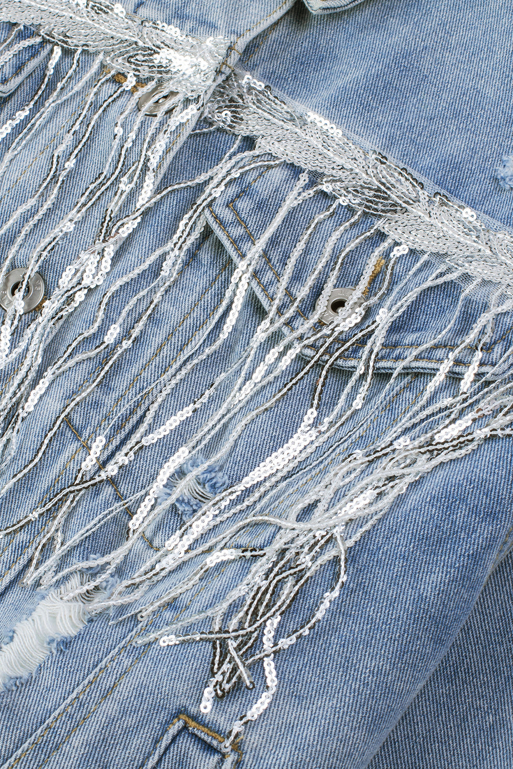 Sky Blue Sequin Embellished Fringe Distressed Denim Jacket Beagle Boutique Fashion Outlet