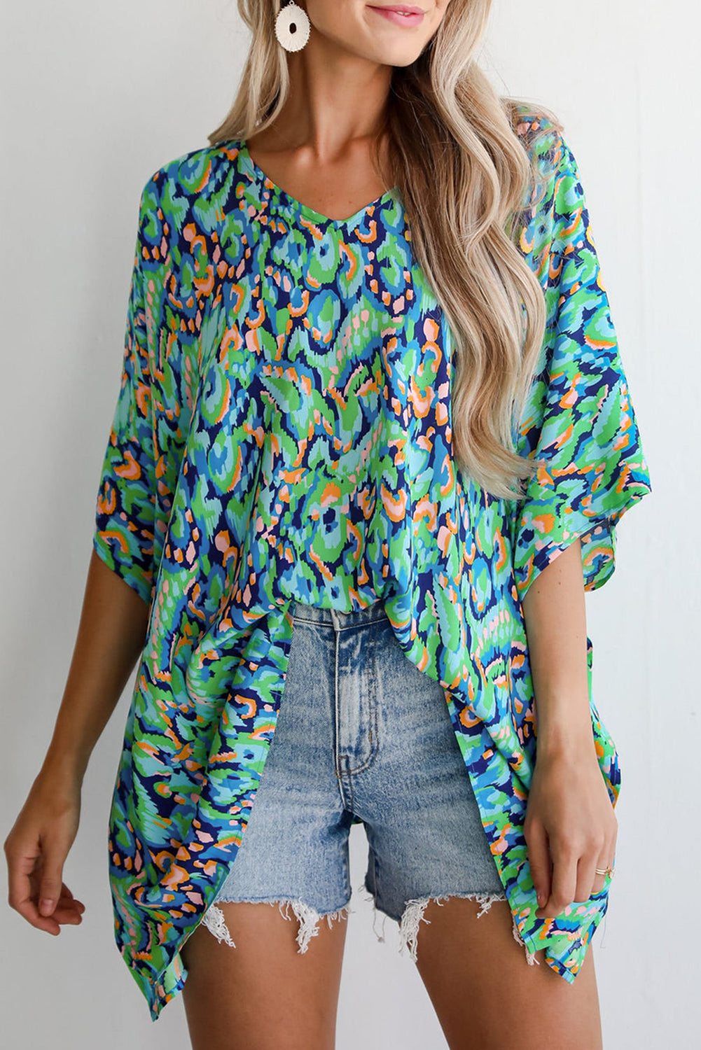 Green Abstract Print V Neck Half Sleeve Loose Fit Tunic Blouse eAura