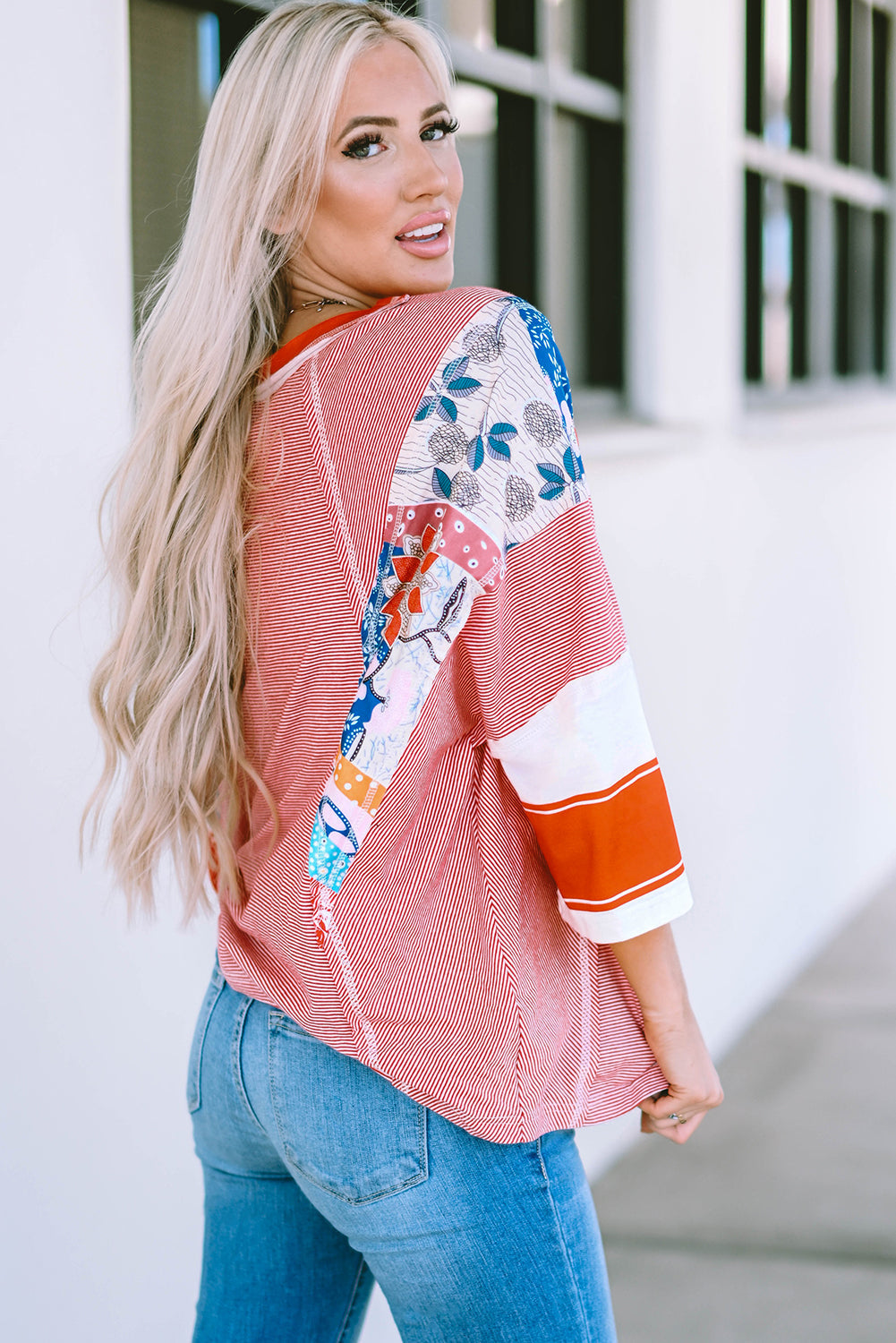 Fiery Red Pinstriped Colour Block Patchwork Oversized Top eAura