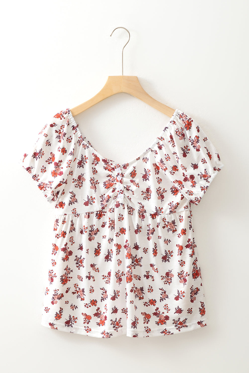 White Boho Floral Ruched Cinched Short Sleeve Blouse eAura