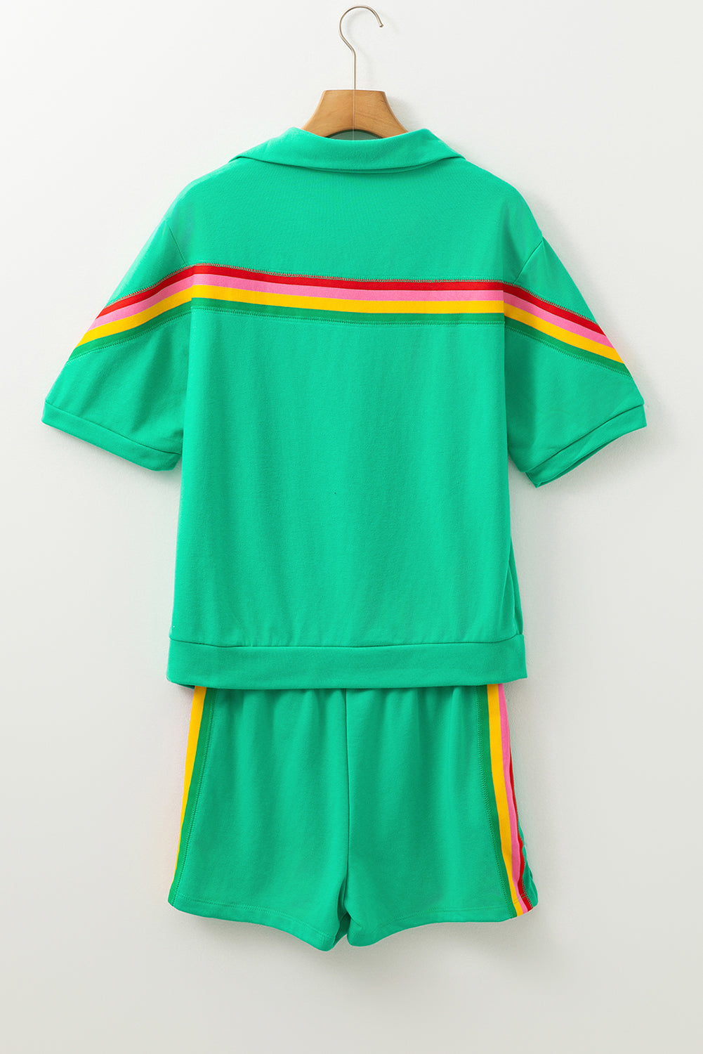 Sea Green Rainbow Colourblock Collared Short Sleeve Top 2 Piece Shorts Set eAura