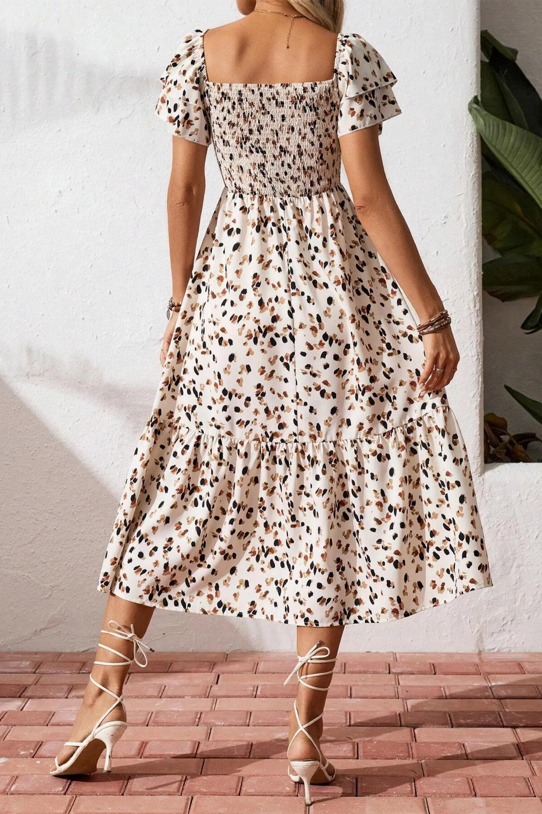 Ditsy Floral Smocked Square Neck Ruffle Sleeve Midi Dress
