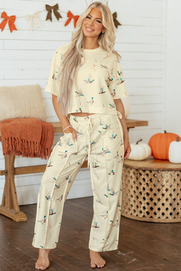 Duck Print Short Sleeve Top Pocket Pants 2pcs Casual Set – Beige