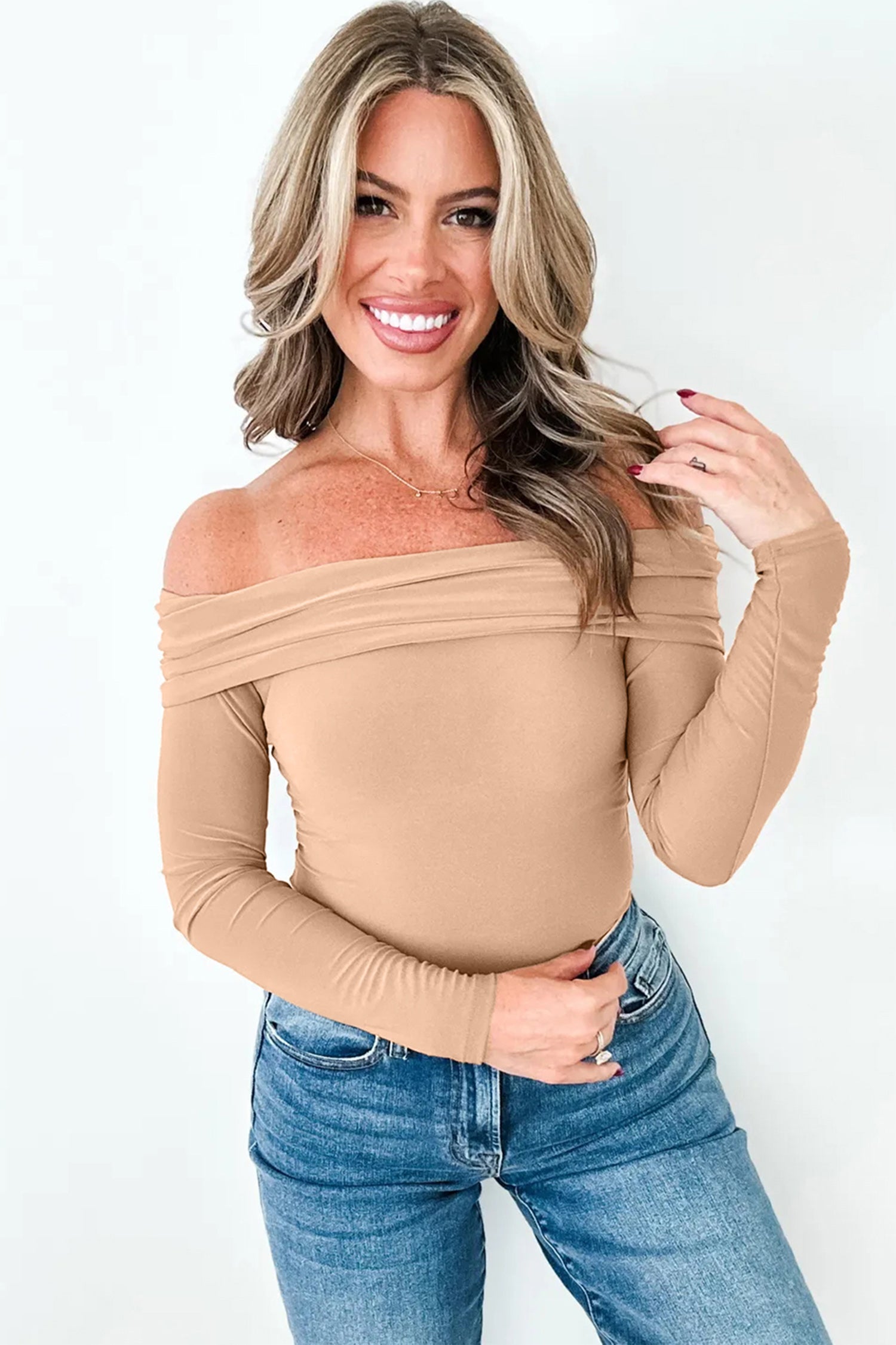 Foldover Off The Shoulder Long Sleeve Slim Top - eAura