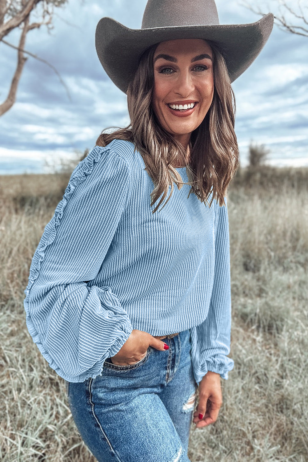 Mist Blue Ribbed Frilly Puff Sleeve Round Neck Blouse eAura