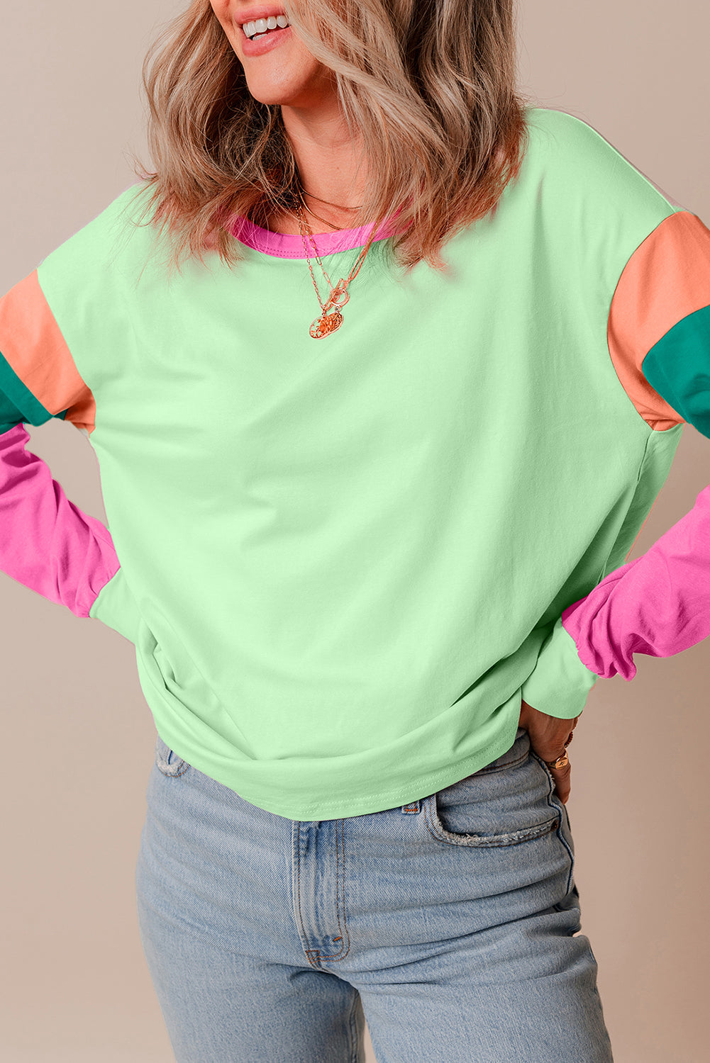 Dark Blue Colourblock Patchwork Long Sleeve Loose Top eAura
