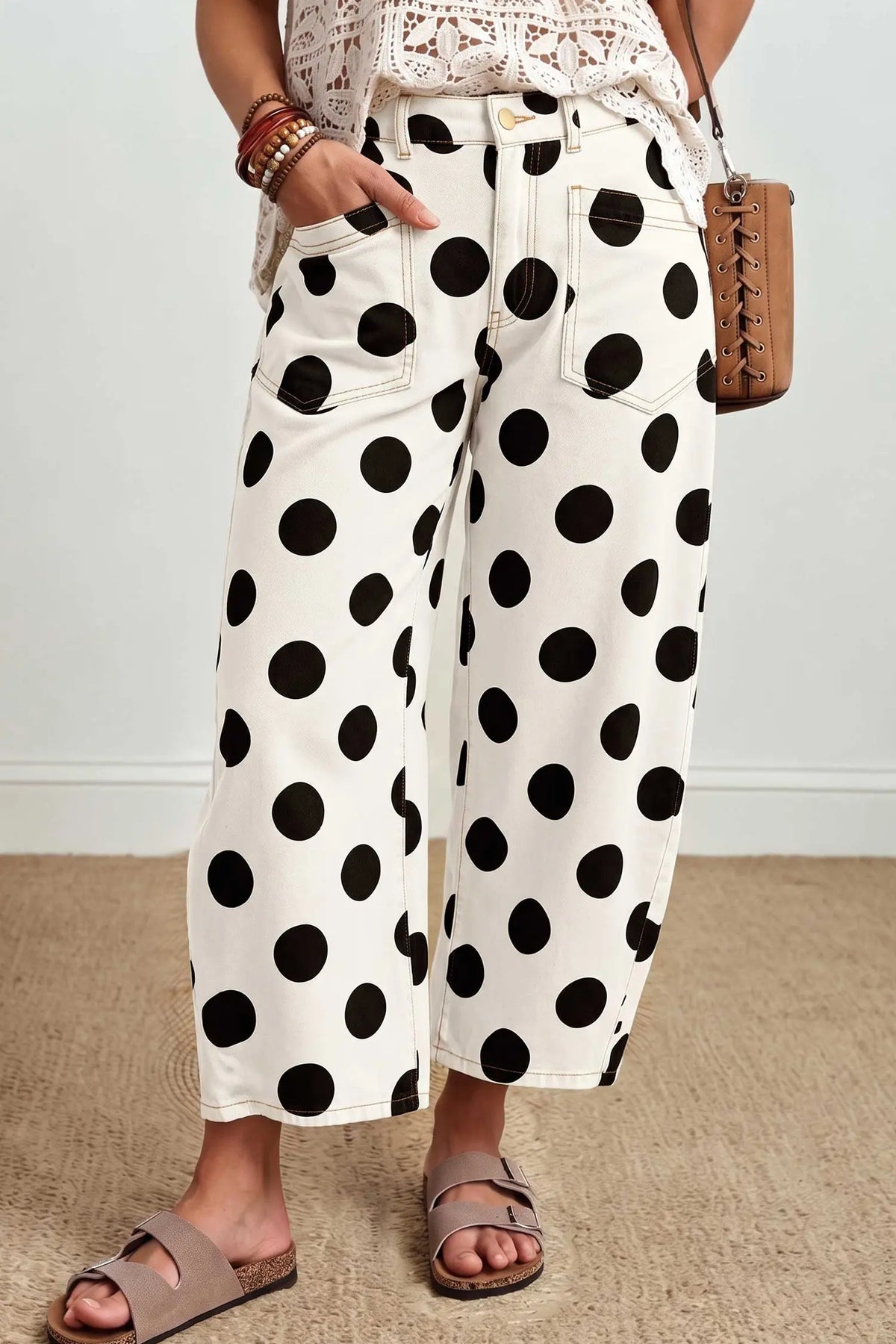Brown Polka Dot Ankle-Length Barrel Jeans