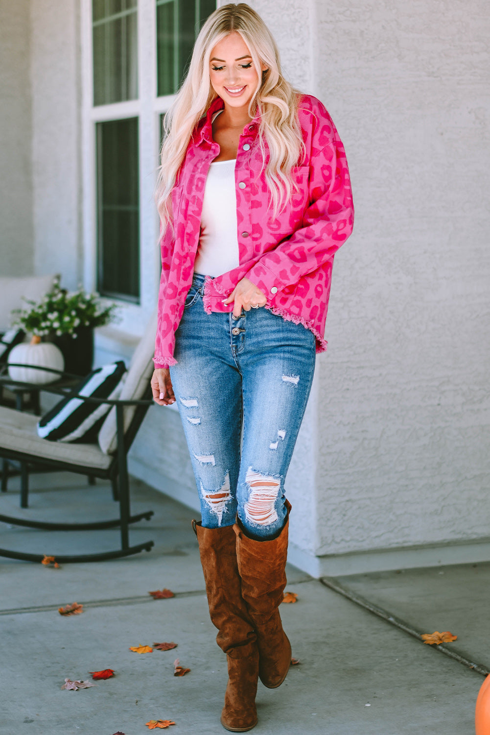 Pink Leopard Print Button Cuffs Raw Hem Jacket eAura
