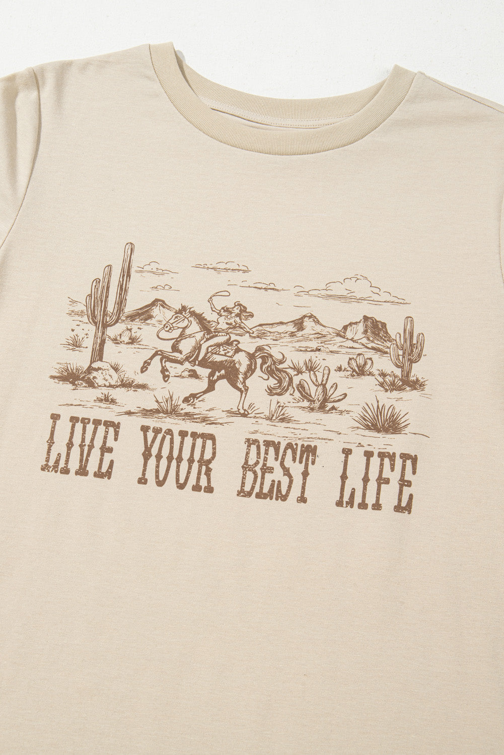 Beige LIVE YOUR BEST LIFE Crew Neck Western Graphic Tee eAura