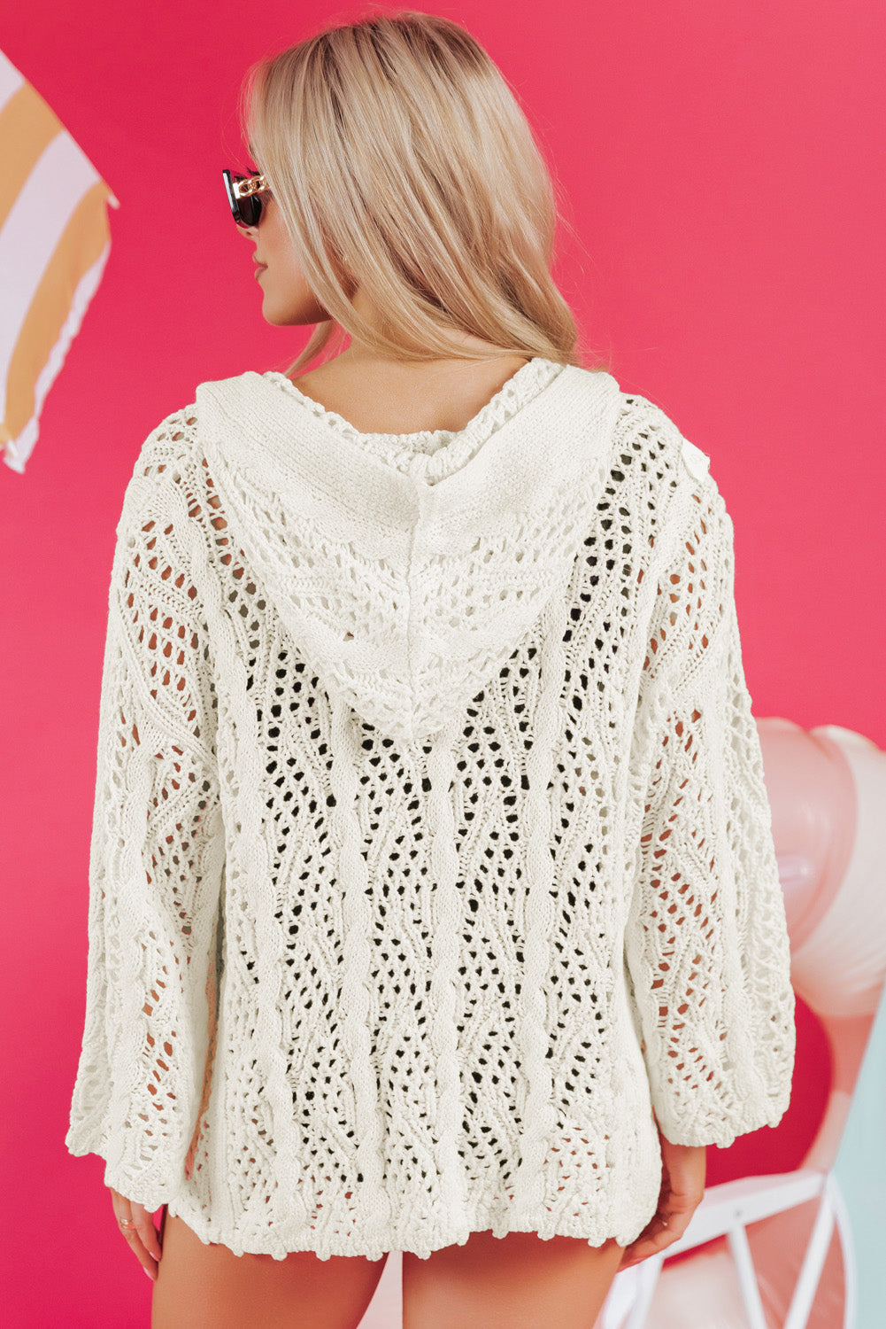 White Fashion Open Knit Hooded Beach Cover Up BB Fashion Outlet