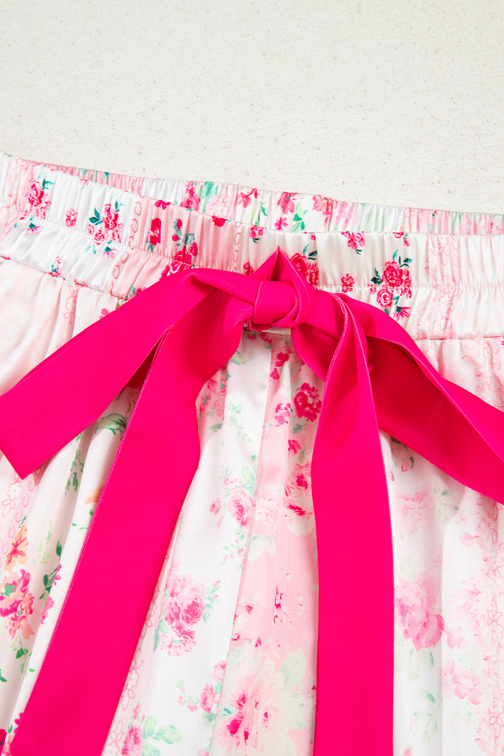 Pink Mixed Floral Print Contrast Piping Trim Satin Tie Pyjama Set - eAura