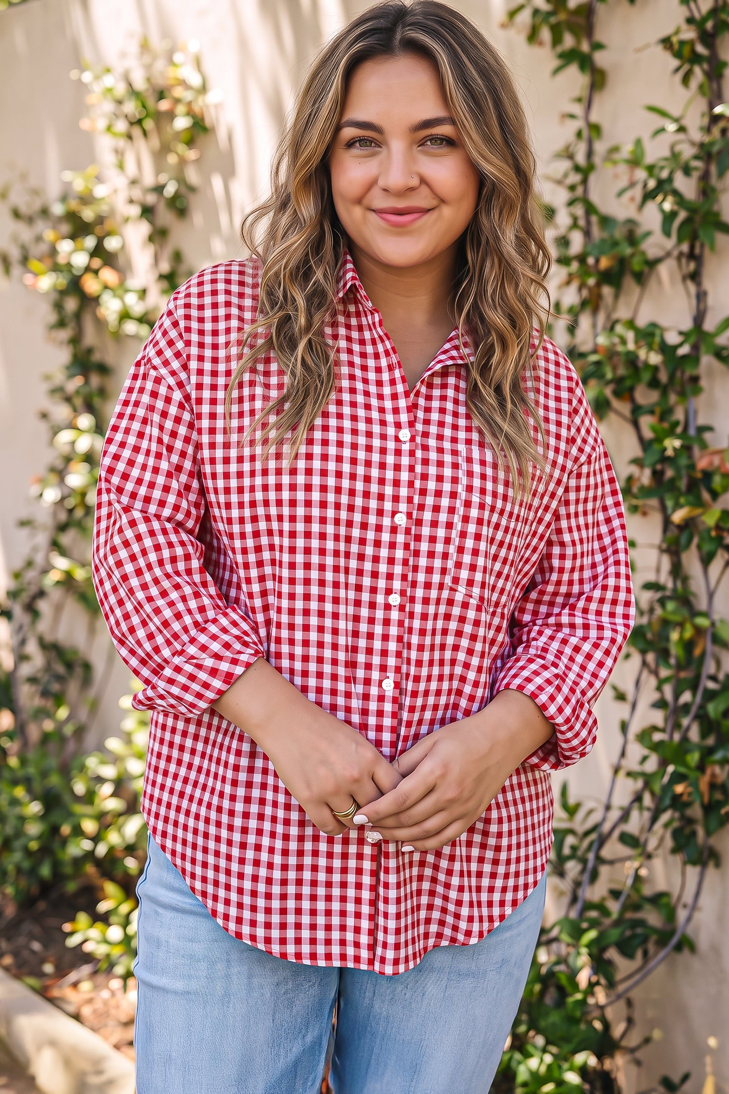 Plaid V Neck Long Sleeve Tunic Loose Fit Plus Size Shirt – Red