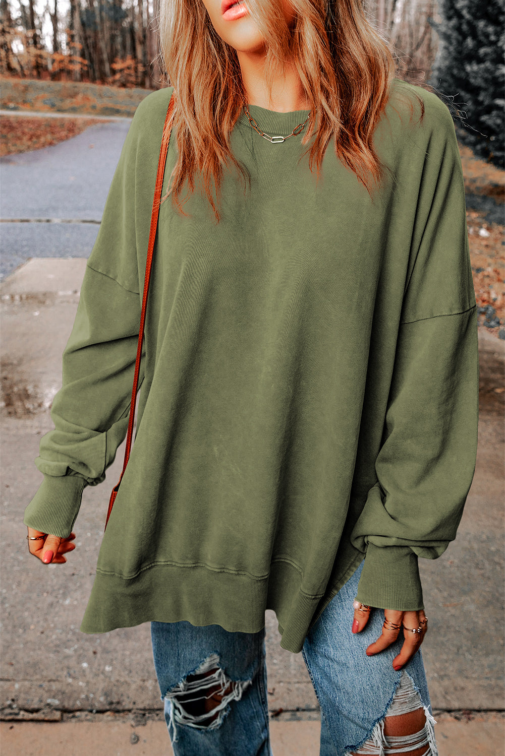 Green Drop Shoulder Ribbed Trim Oversized Sweatshirt eAura