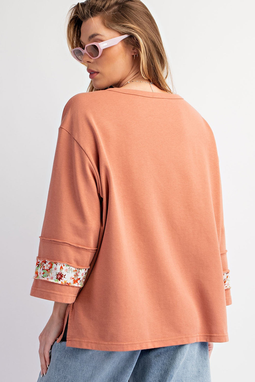 Grapefruit Orange Flower Patch Graphic Exposed Seam Wide Sleeve Top eAura