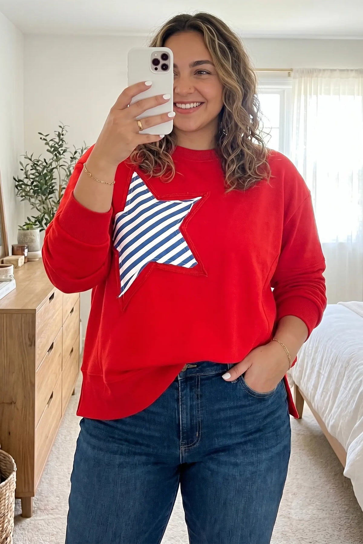 Patch Embroidery Star Colourblock Plus Size Sweatshirt – Fiery Red