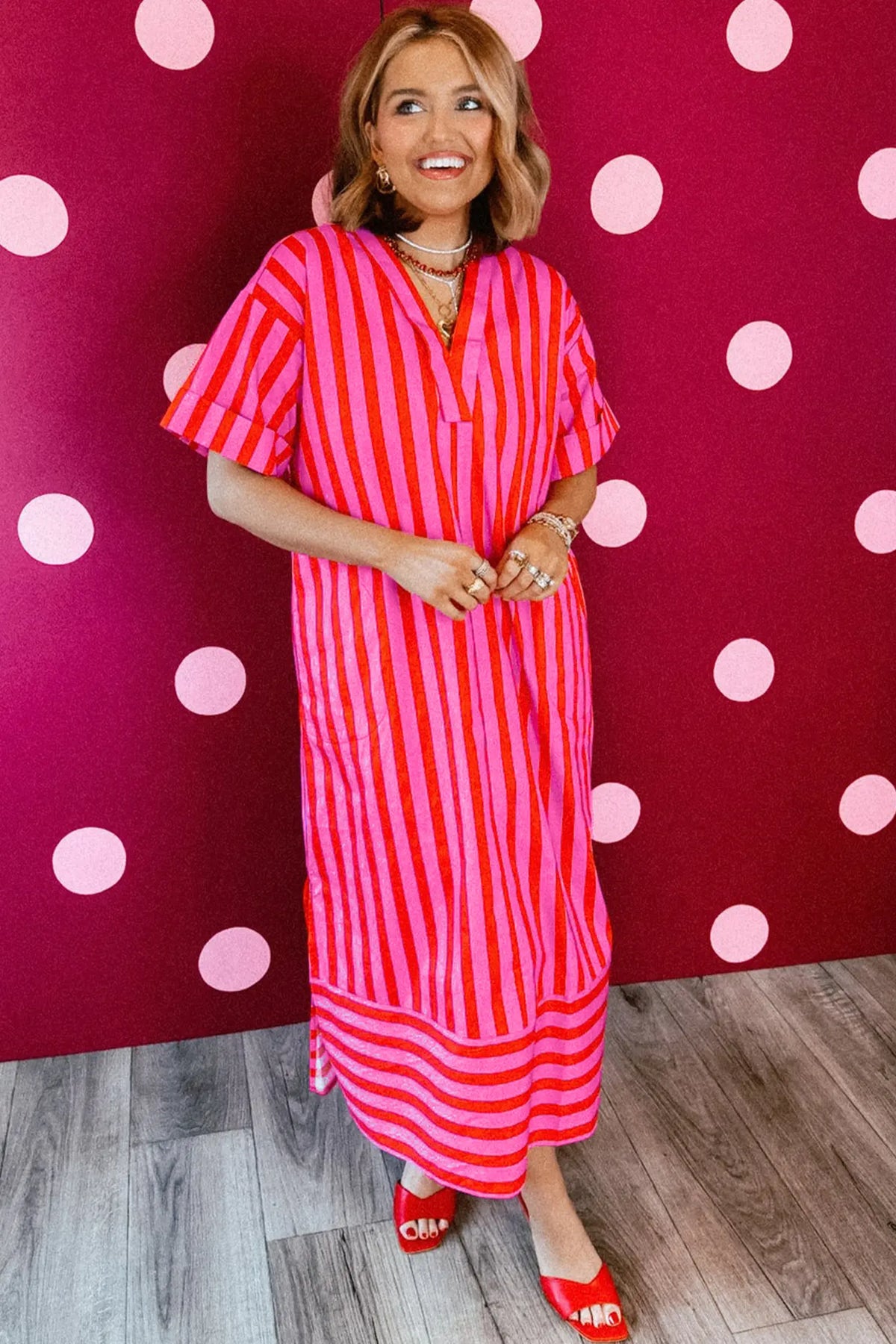 V Neck Cuffed Sleeve Relaxed Split Midi Dress – Red Stripe