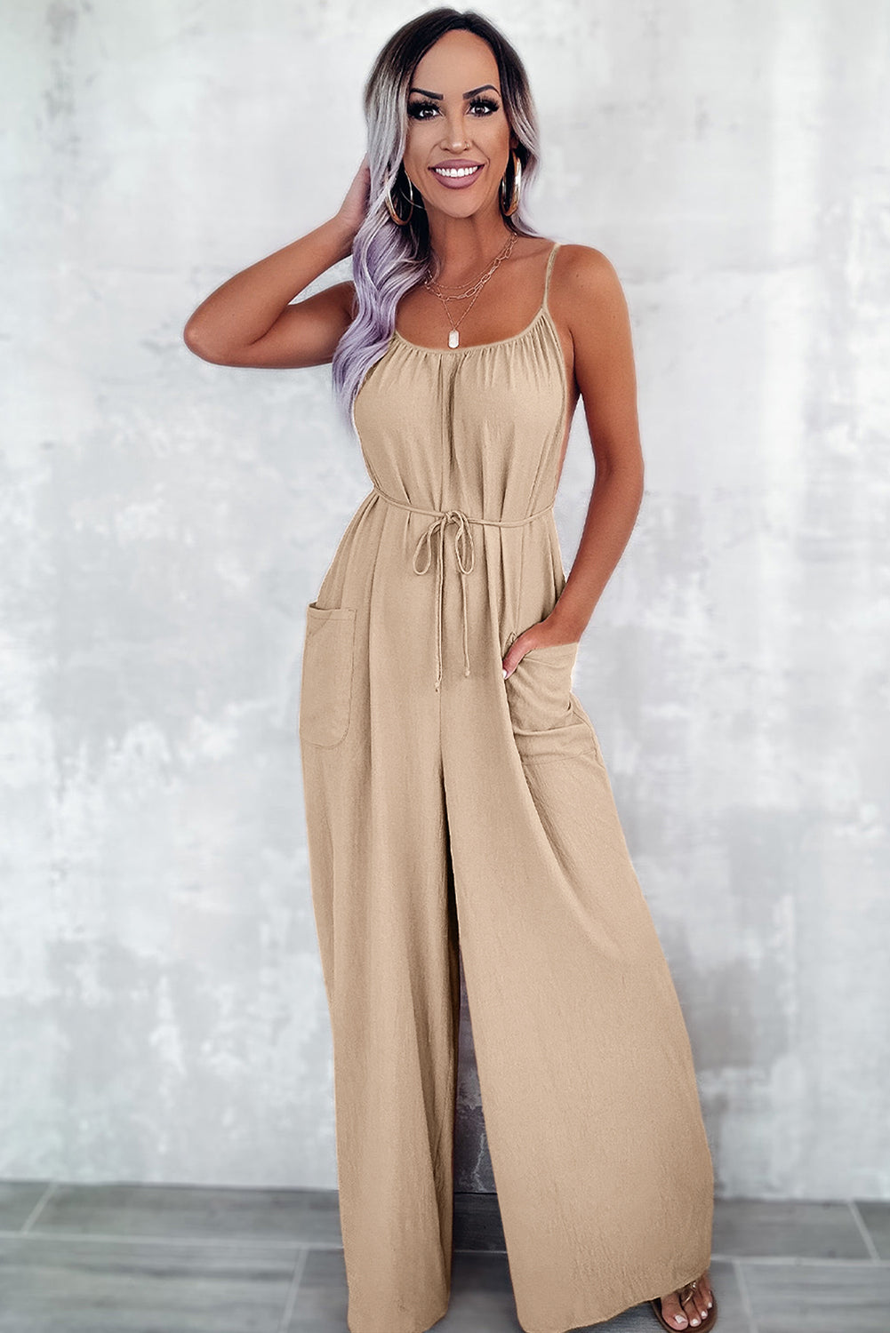 Chestnut Spaghetti Straps Waist Tie Wide Leg Jumpsuit with Pockets eAura