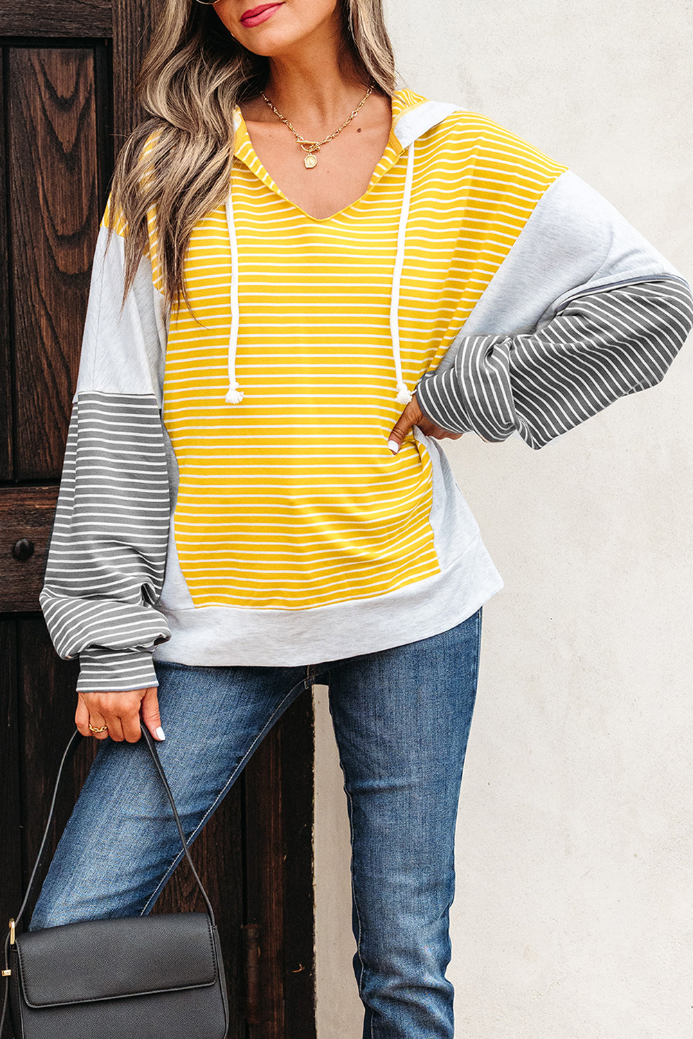 Yellow Stripe Color Block Drawstring V Neck Loose Fit Hooded Top - eAura
