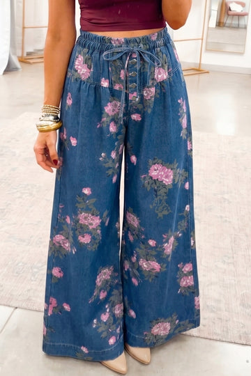 Floral Print Elastic Waist Pintuck Wide Leg Jeans