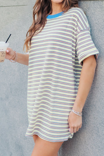 Stripe Drop Shoulder Cuffed Sleeve Loose Tunic T-Shirt Mini Dress