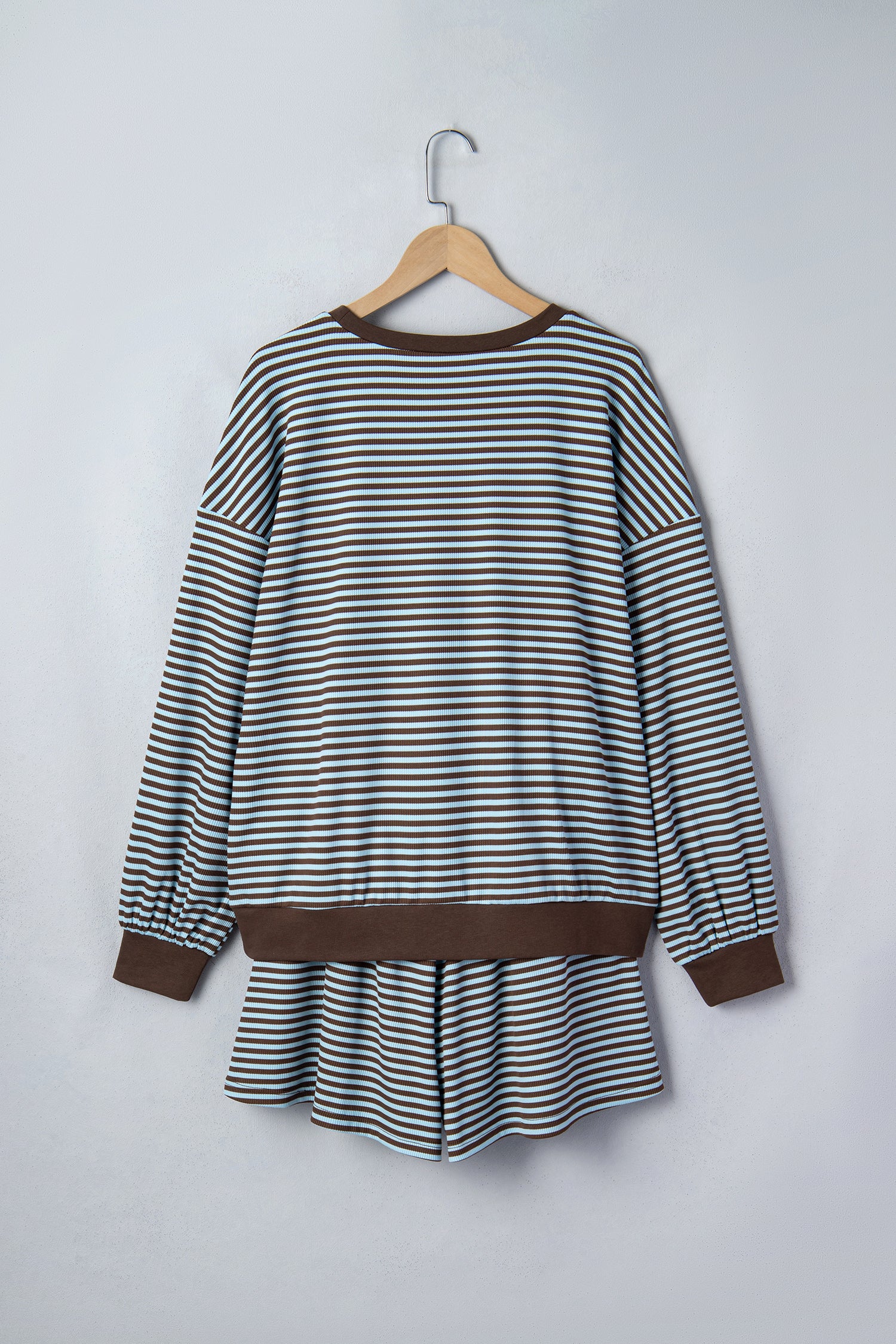 Oversized Long Sleeve Top Drawstring Loose Shorts 2pcs Set – Brown Stripe