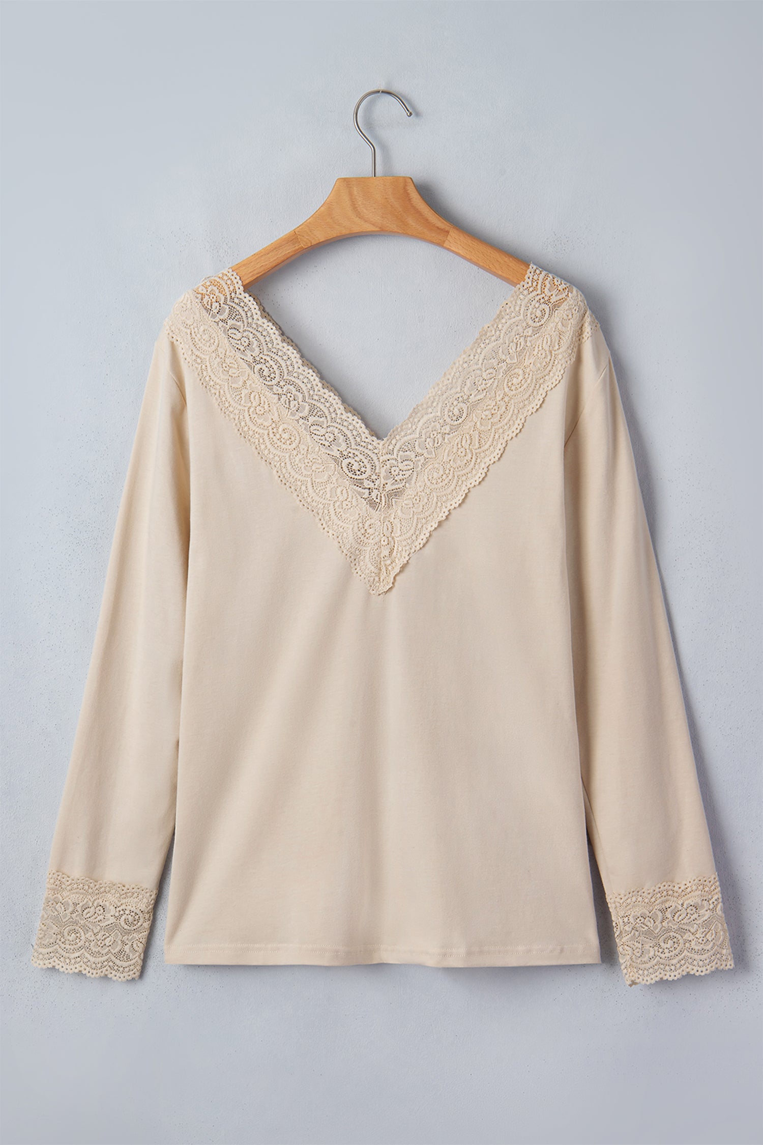 Apricot Lace Splicing V Neck Long Sleeve Top – Beige