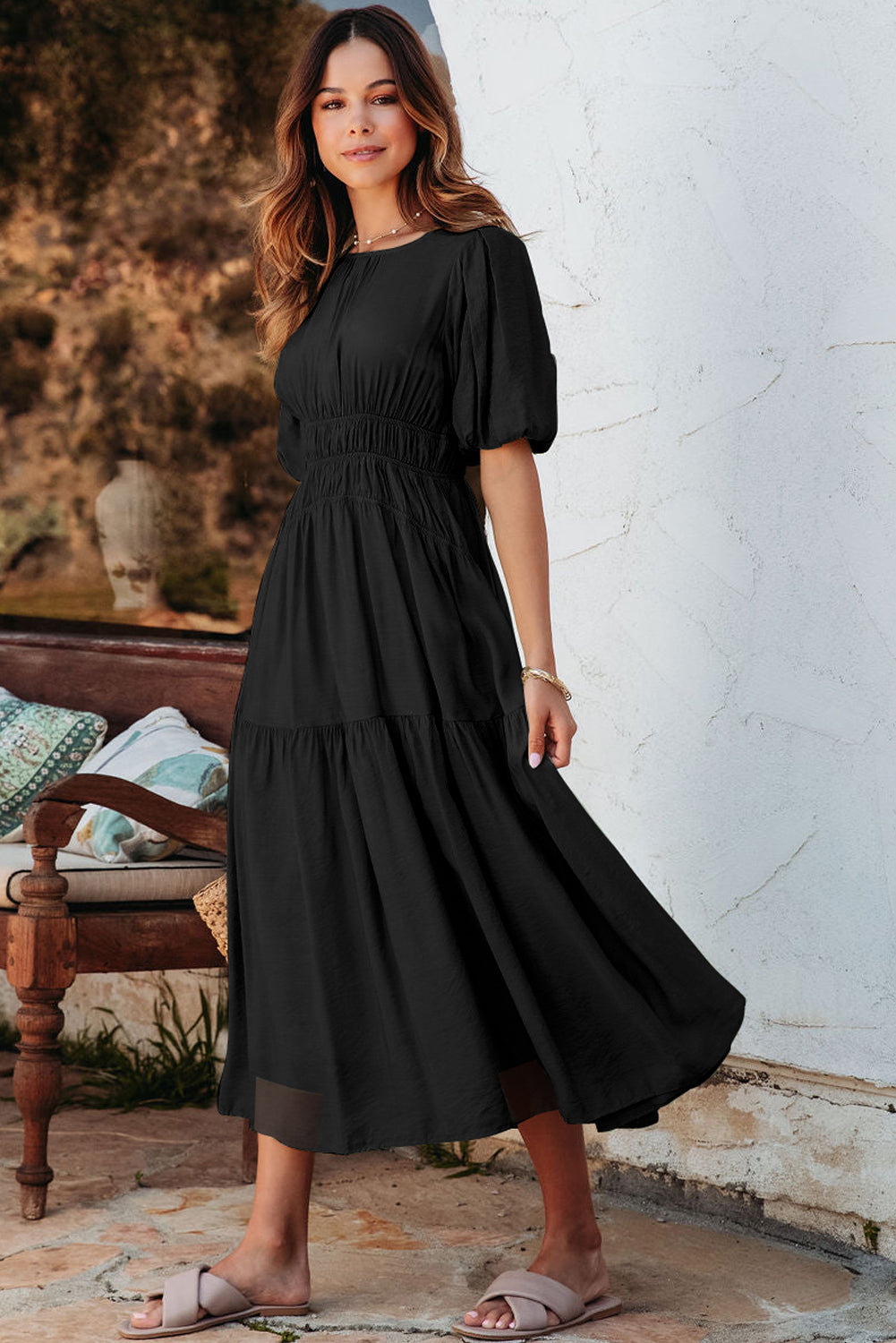 Pink Puff Sleeve Pleated High Waist Flowy Long Dress eAura