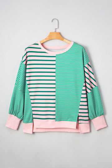 Green Stripe Colour Block Exposed Seam Side Slit Plus Size Sweatshirt - BB Fashion Outlet