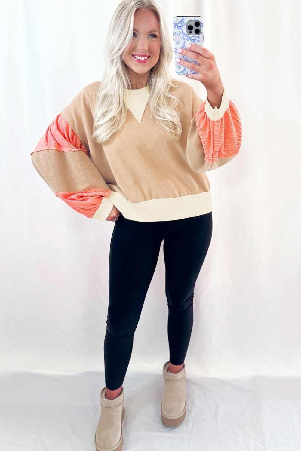 Beige Textured Patchwork Pullover Sweatshirt - eAura