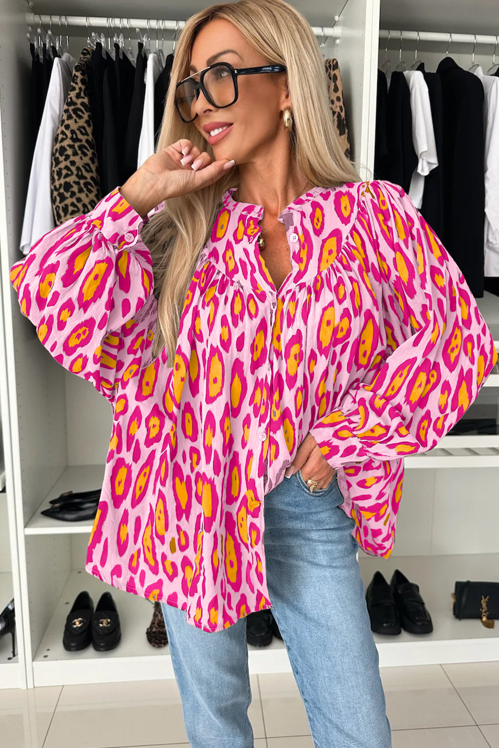 Rose Red Oversized Leopard Print Balloon Sleeve Casual Shirt eAura