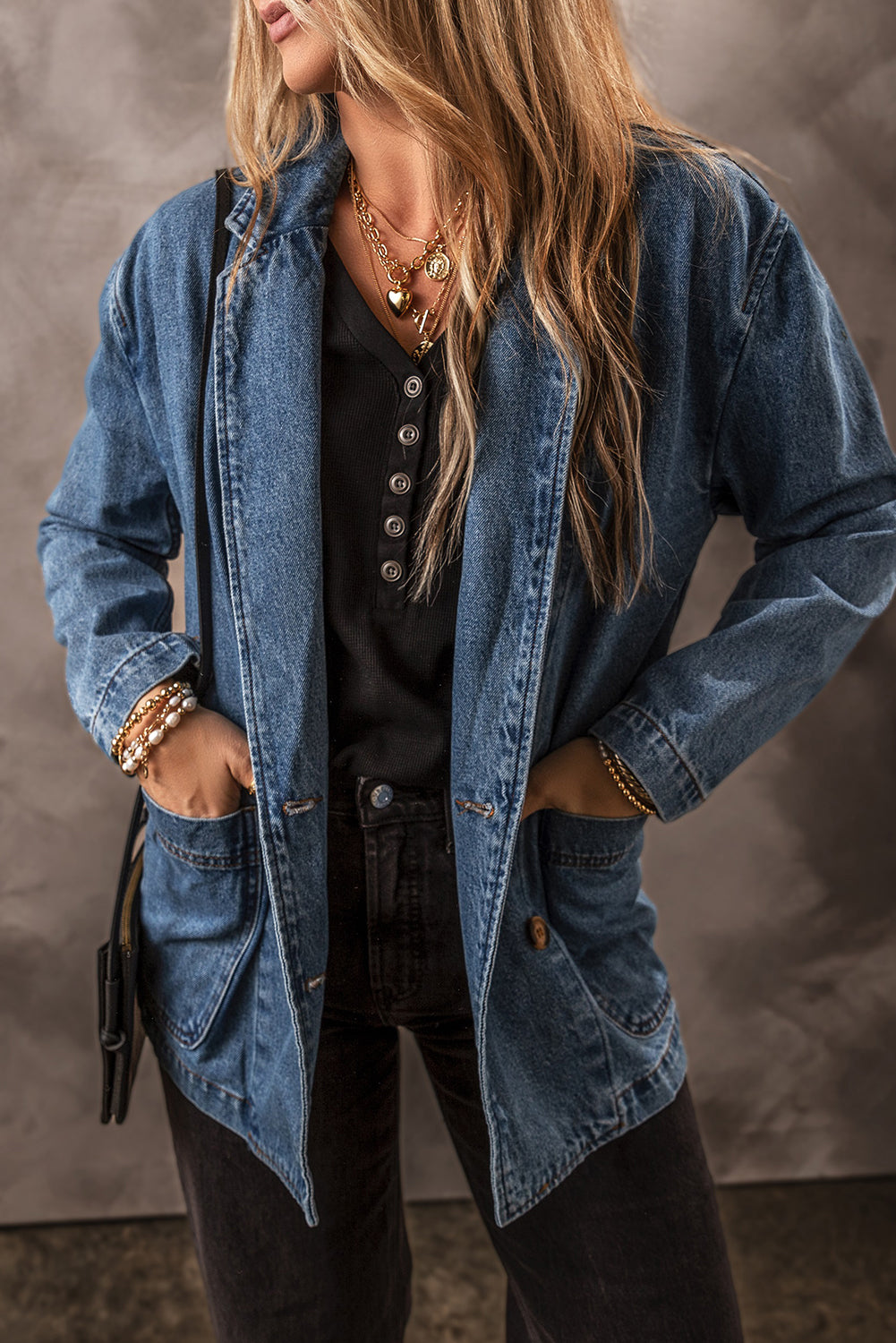 Sail Blue Side Pockets Lapel Collar Denim Jacket Beagle Boutique Fashion Outlet