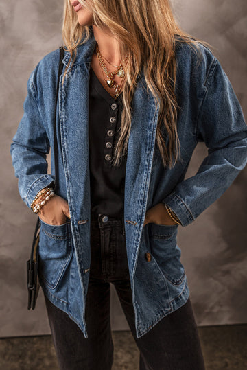 Sail Blue Side Pockets Lapel Collar Denim Jacket Beagle Boutique Fashion Outlet