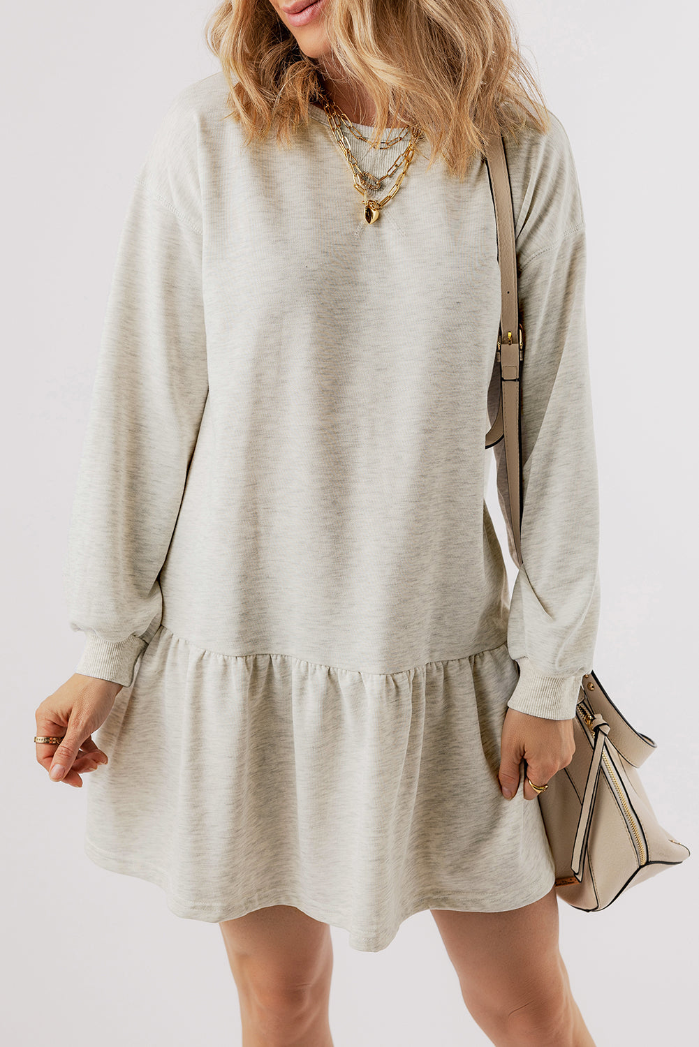 White Solid Colour Puff Sleeve Ruffle Hem Mini Dress eAura