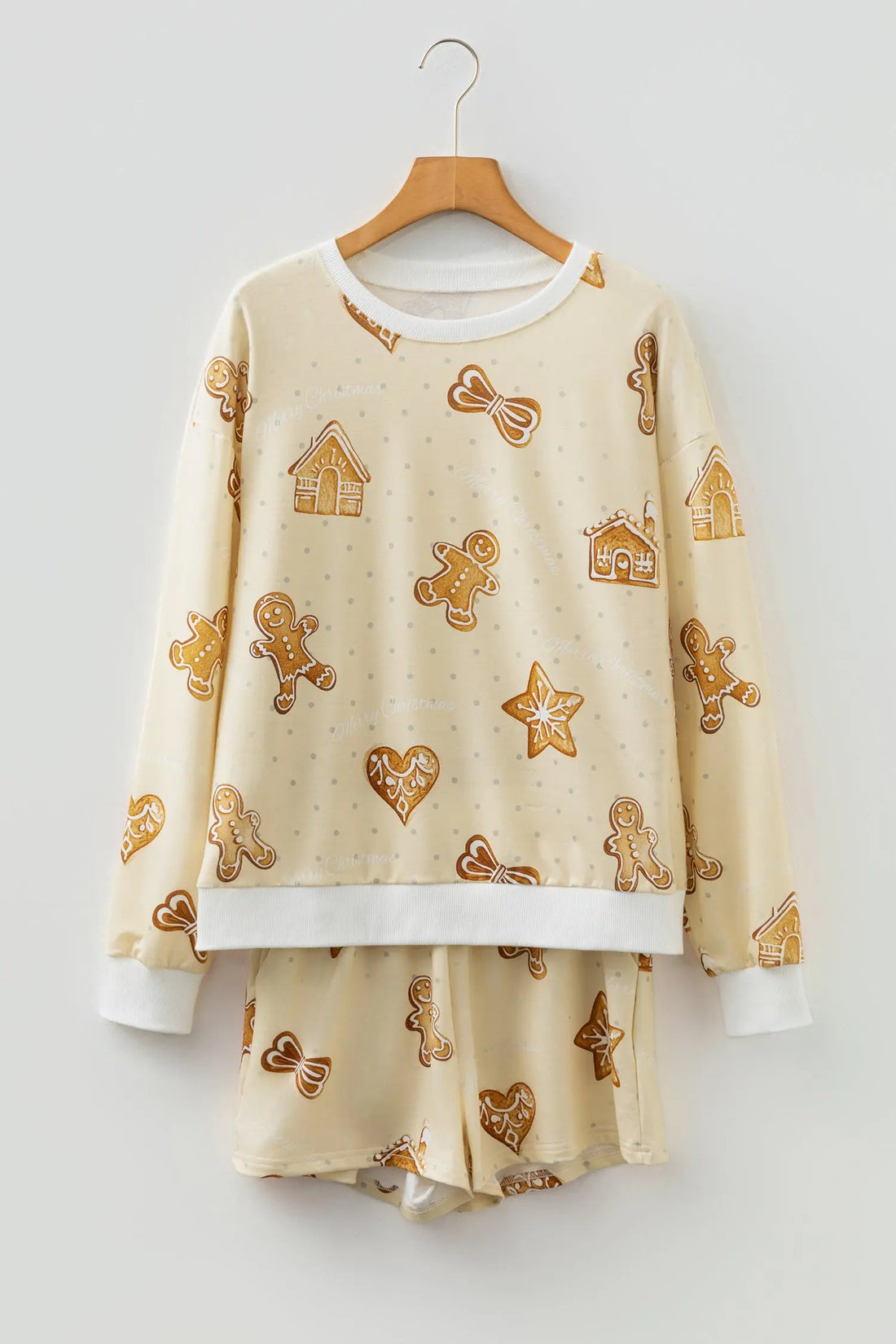 Beige Gingerbread Man Christmas Print Long Sleeve Pullover Lounge Short Set - S - Loungewear & Sleepwear/Loungewear