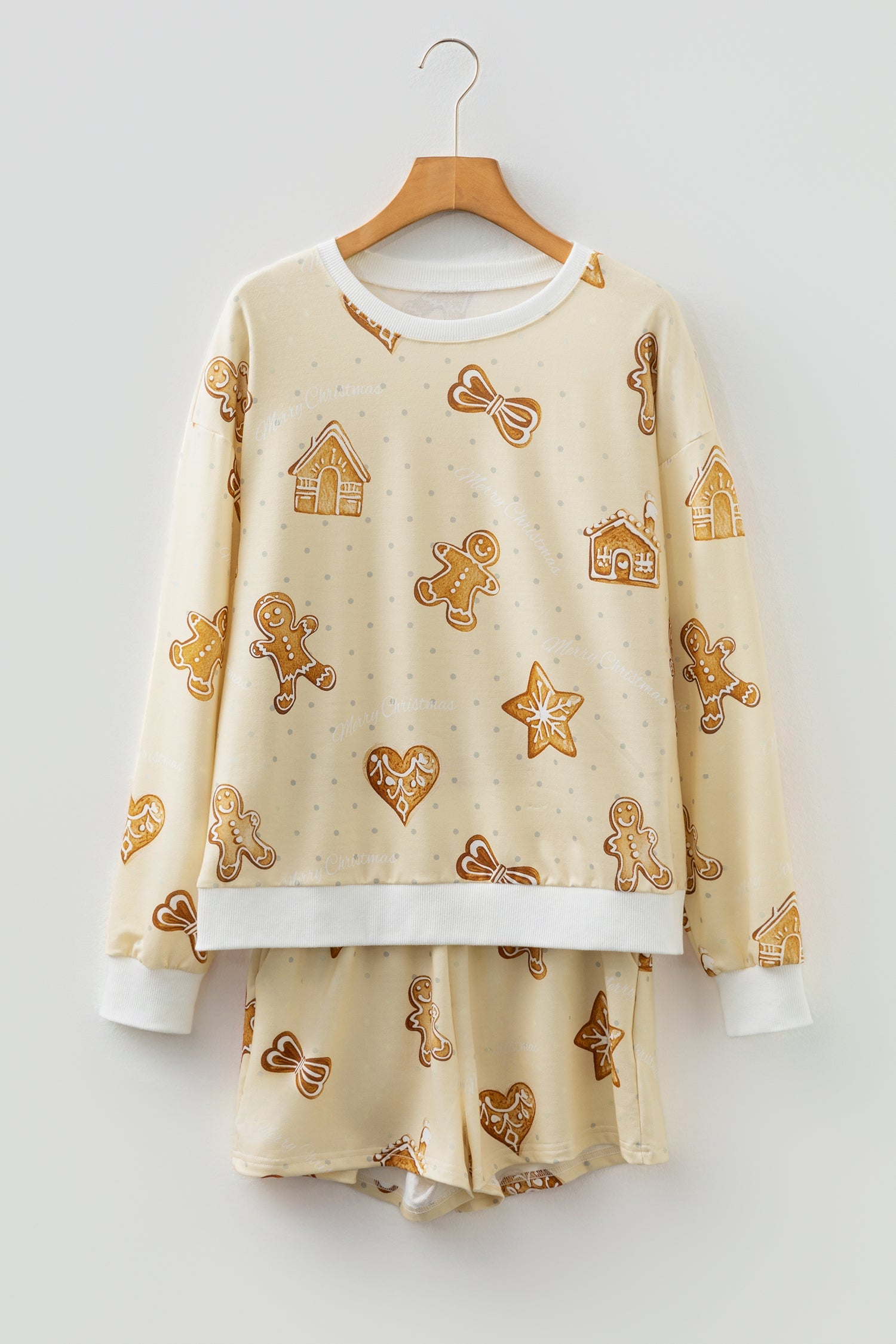 Beige Gingerbread Man Christmas Print Long Sleeve Pullover Lounge Short Set - Loungewear & Sleepwear/Loungewear