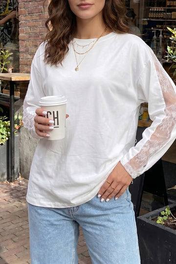 Lace Patchwork Round Neck Long Sleeve Top – White