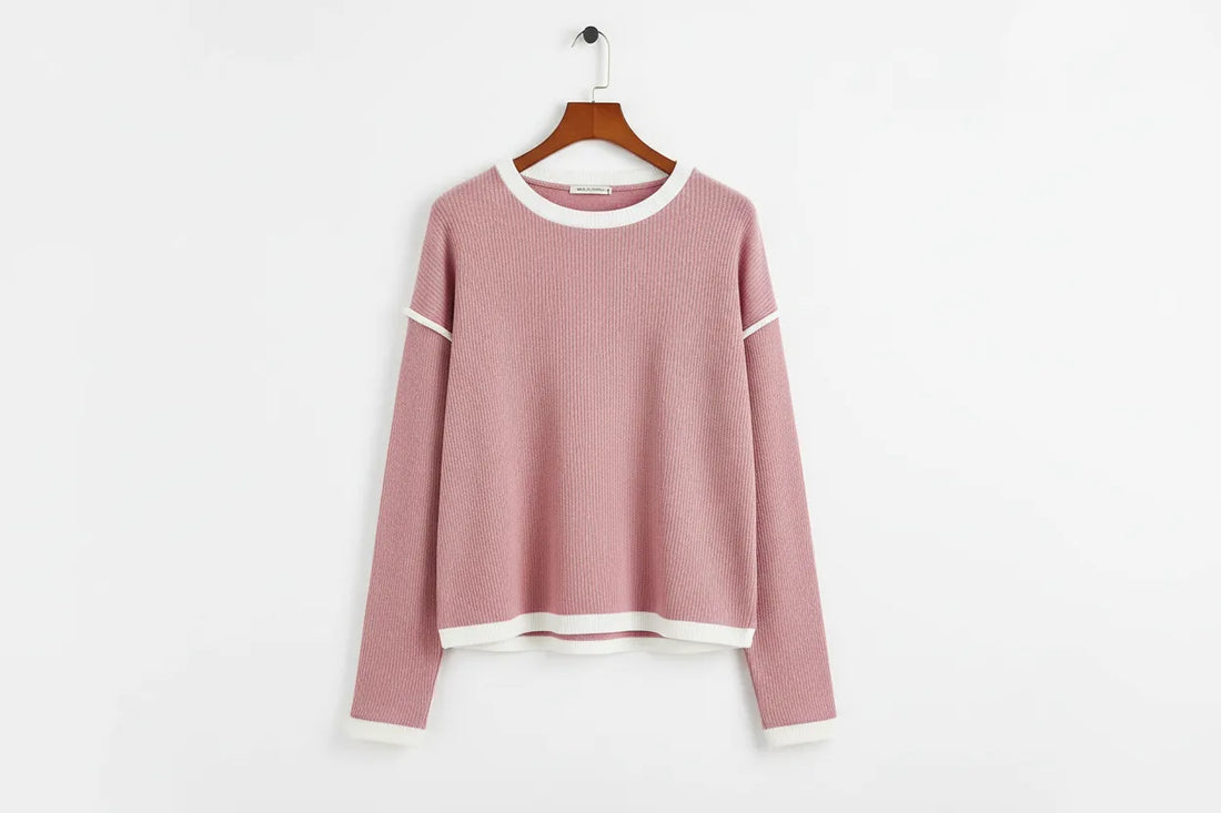 Contrast Colour Trim Knit Drop Shoulder Top - Tops/Long Sleeve Tops