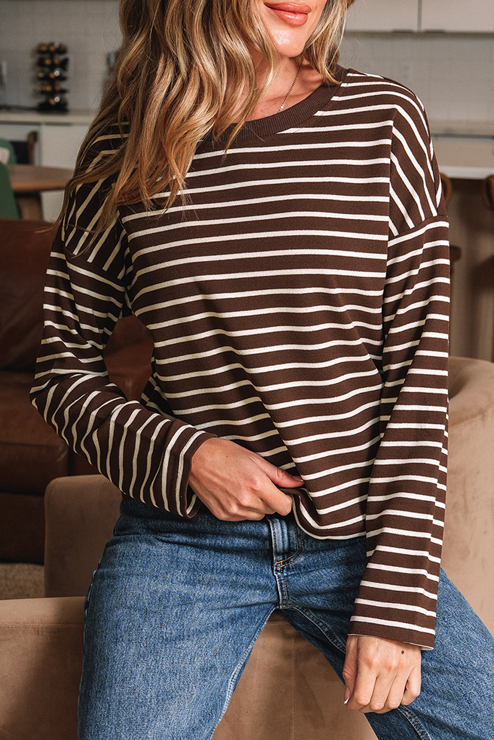 Striped Ribbed Cropped Long Sleeve T-Shirt - eAura