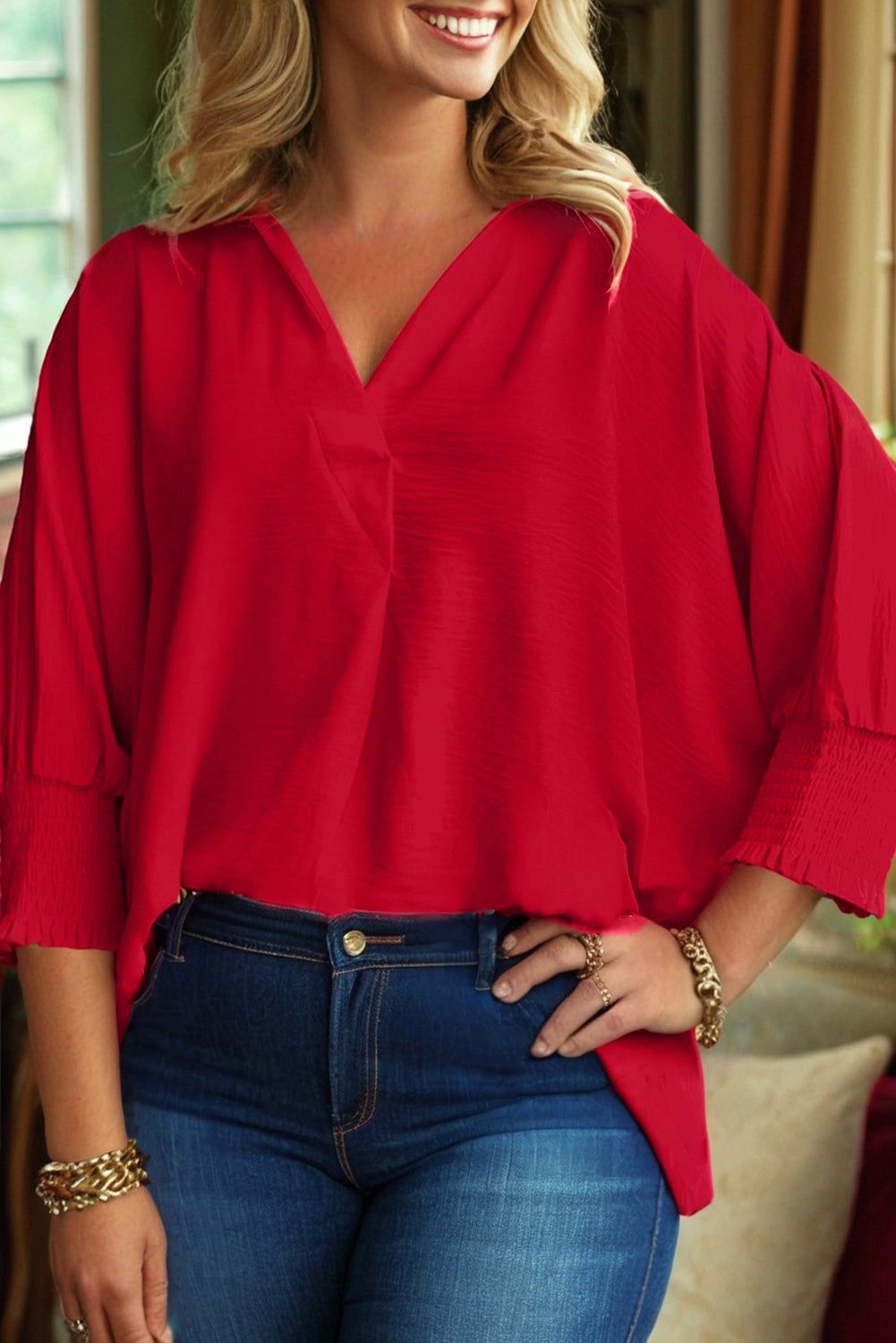Plus Size Smocked Cuff Dolman Oversized Tunic Blouse - Size/Plus Tops/Plus Blouses & Shirts