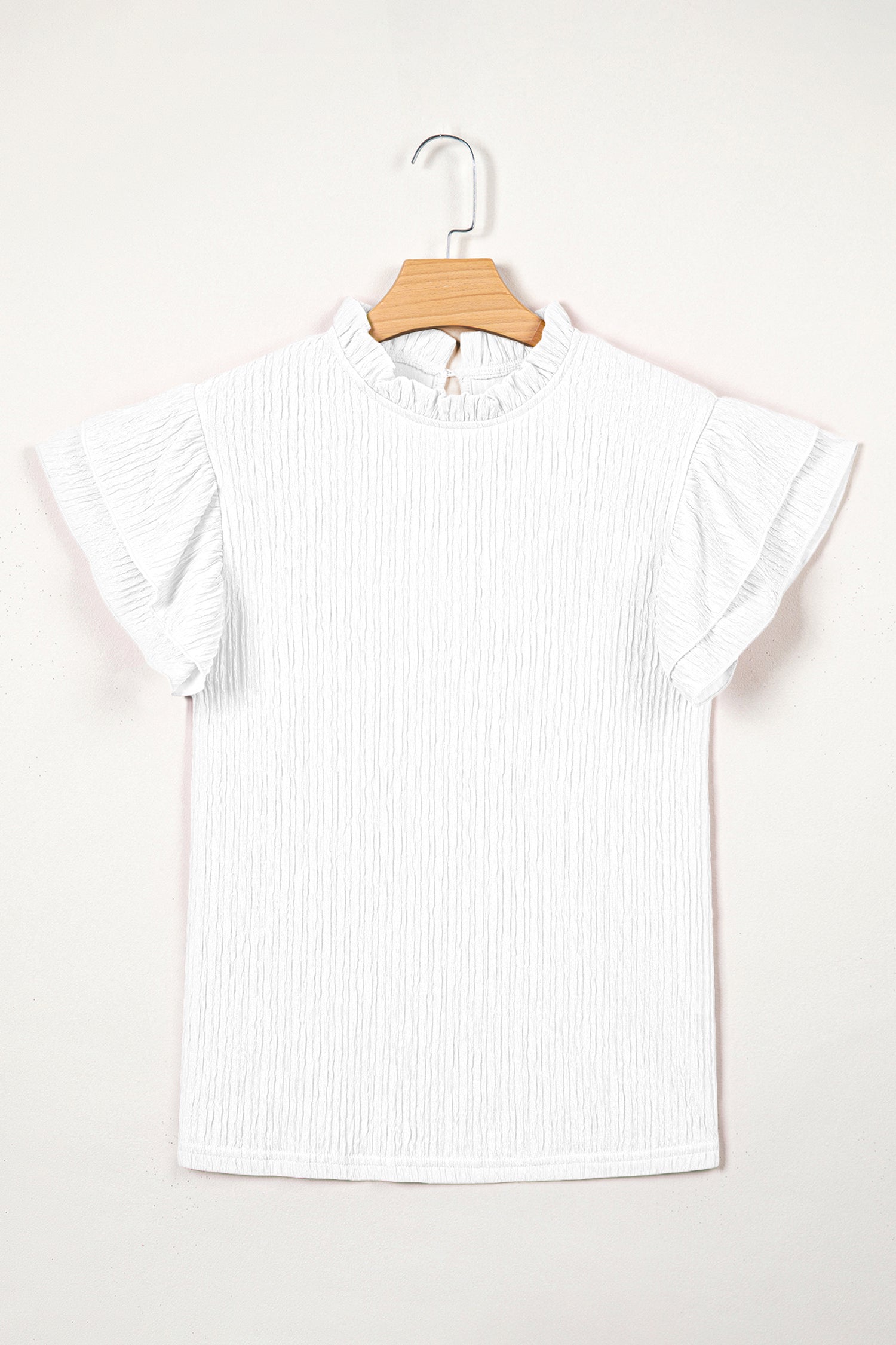 Solid Color Textured Ruffle Trim Short Sleeve Blouse – White