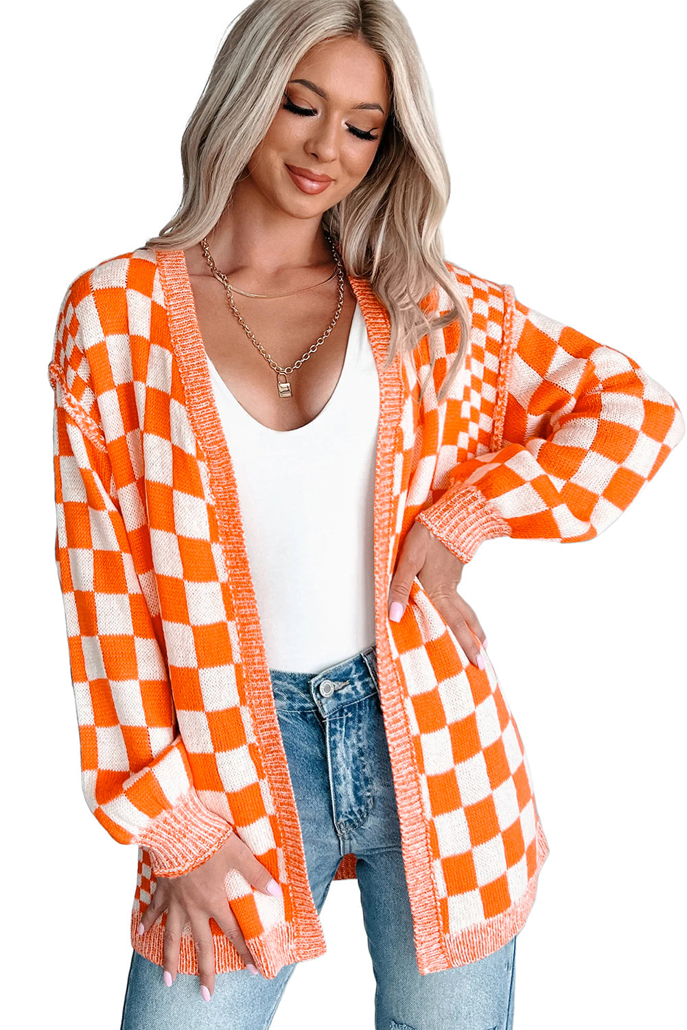 Orange Checkered Open Front Drop Shoulder Cardigan eAura